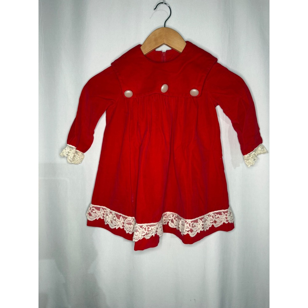 Vintage Kids Red Velvet Lace Trim Babydoll Dress Long Sleeve Holiday Size 2T